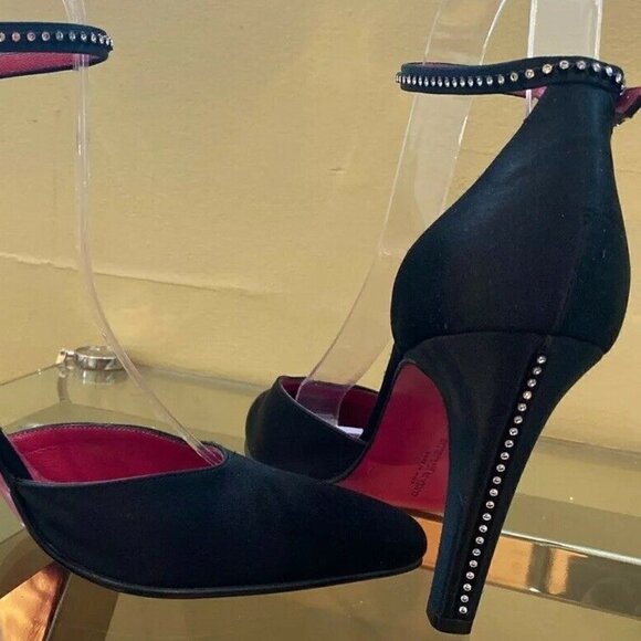 Emanuel Ungaro Sz 7 Black Satin w/Crystals Heels - Picture 15 of 15